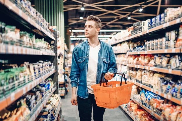 Mystery shopping man in grocery store